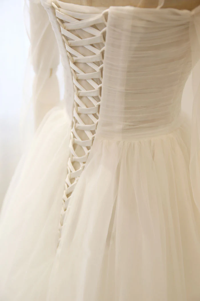 Simple white tulle long prom dress, show waist evening dress main image 0