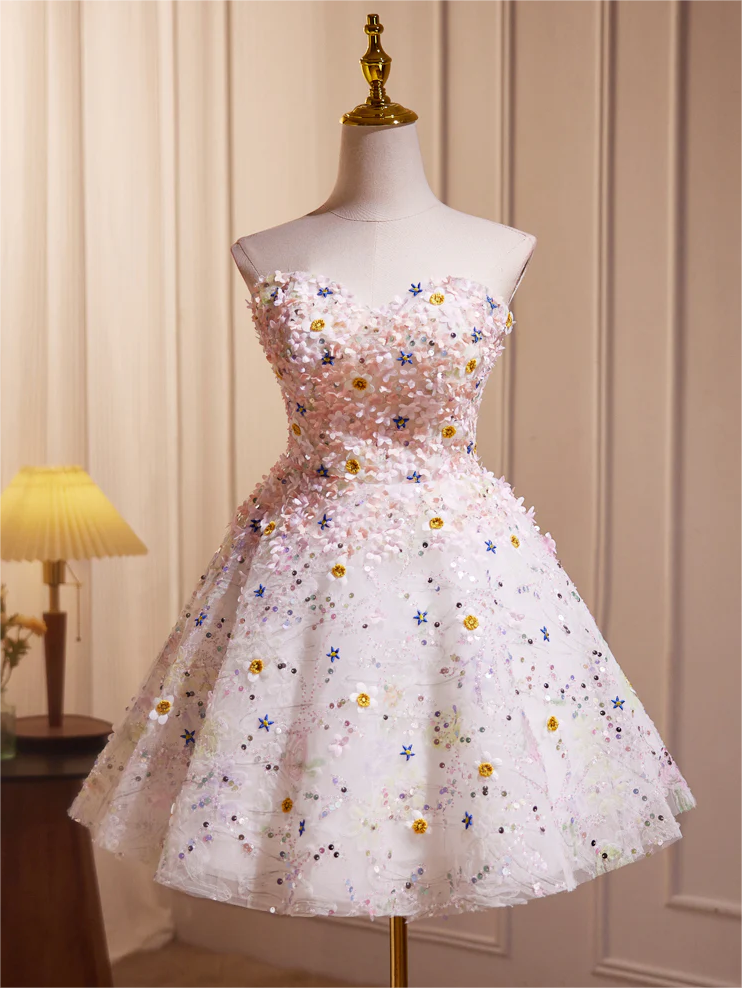 Pink Short Flowers Jewel A-Line Tea-length Prom Dresses