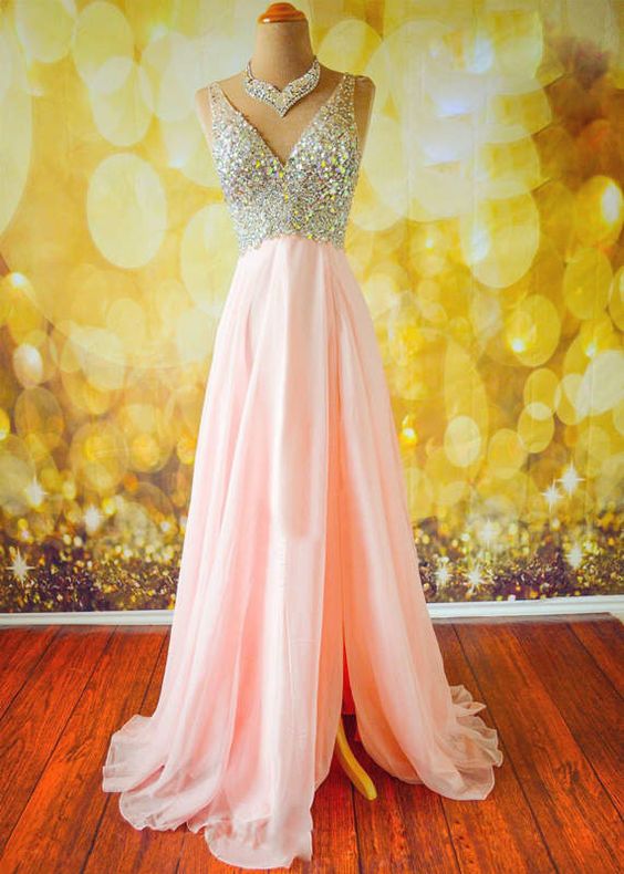 Top Selling Long Pink Prom Dresses,beading Prom Dresses,vneck Prom