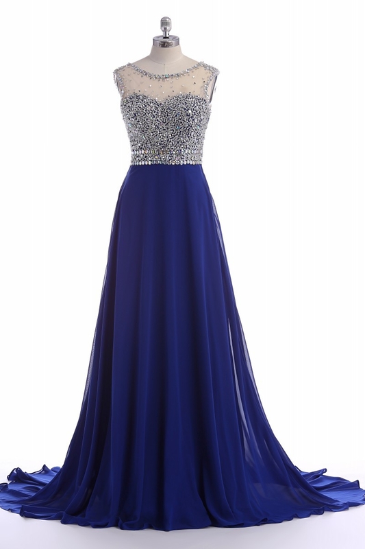 Royal Blue Chiffon Long Prom Dresses With Rhinestone Beaded Bodice And Sheer Bateau Neckline On