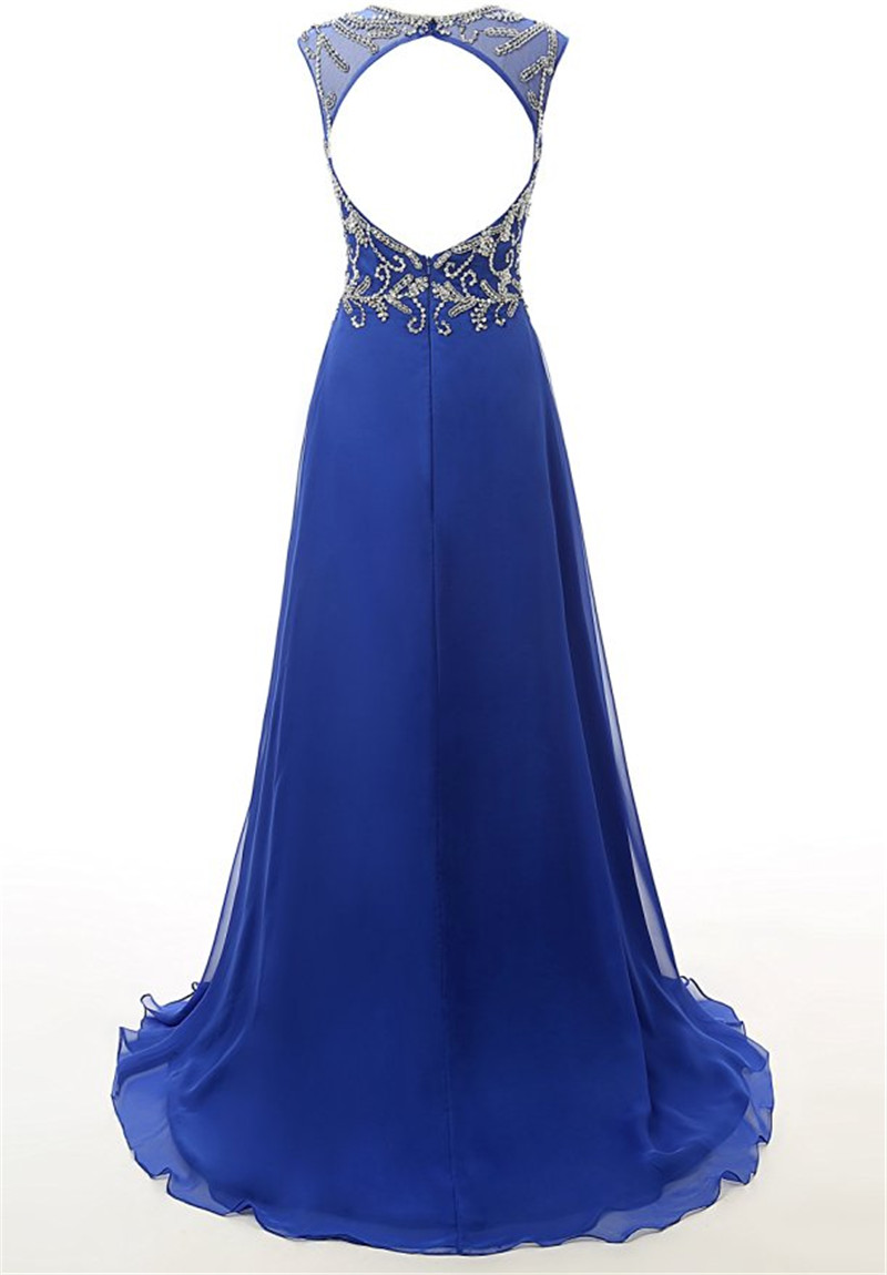 Royal Blue A-line Floor-length Beading Sleeveless Long Chiffon Formal Prom Dresses main image 1