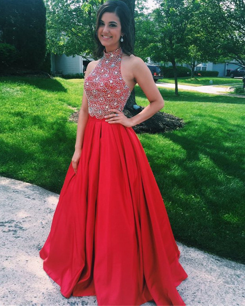 Red Long Satin Evening Dress, Featuring Rhinestone Beaded Bodice With ...